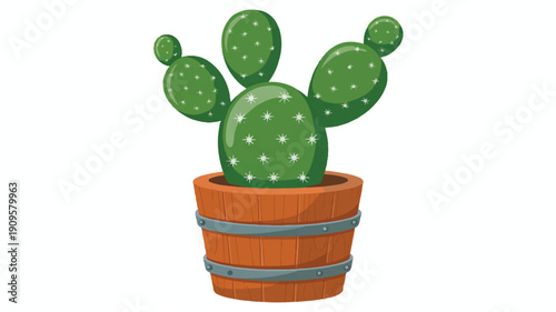 A digital illustration of a prickly pear cactus in a wooden barrel planter (4)_traced