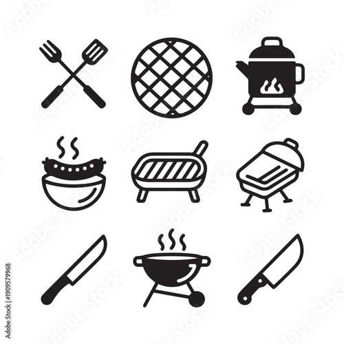 Barbecue Grill Kitchen Utensils And Outdoor Cooking Tool Set Outline Icon Collection.