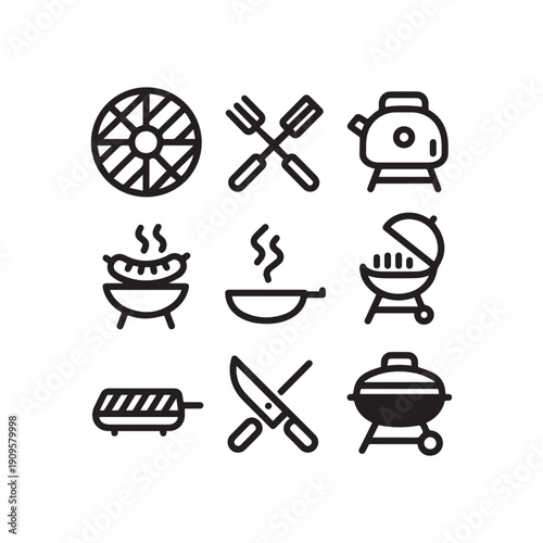 Barbecue Grill Kitchen Utensils And Outdoor Cooking Tool Set Outline Icon Collection.
