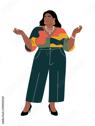 Flat vector of a confident plus-size Latina woman standing mid-conversation, wearing colorful blouse, wide trousers, layered necklaces, and heels, with expressive hand gestures