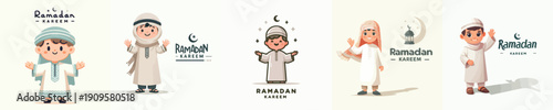 vector of little Muslim boy standing saying Ramadan Kareem
