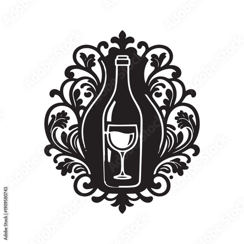 Elegant Vintage Floral Frame Silhouette with Wine Bottle and Glass Graphic Design. 