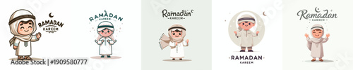vector of little Muslim boy standing saying Ramadan Kareem