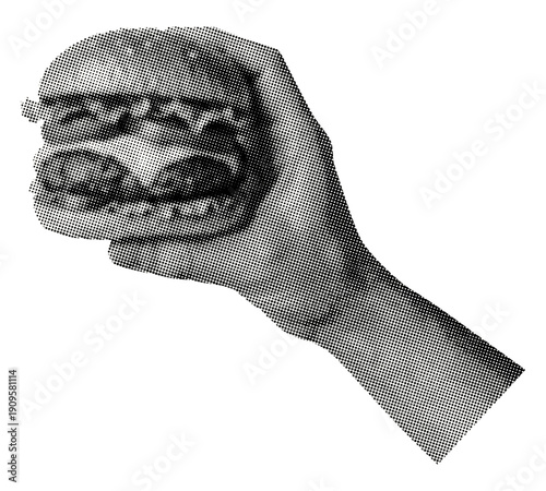 male hand holding burger isolated retro halftone vintage grunge dotted texture cut-out collage element for mixed media design