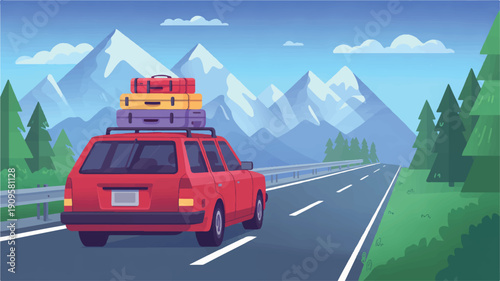 A digital illustration of a red station wagon driving on a curved mountain road during daytime (1)_traced