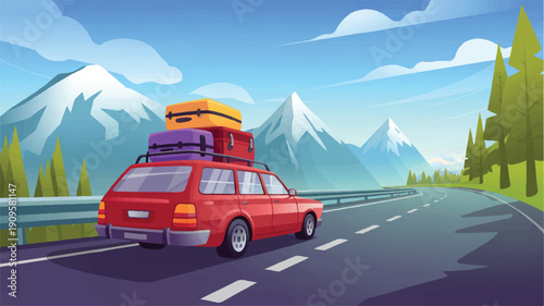 A digital illustration of a red station wagon driving on a curved mountain road during daytime (4)_traced