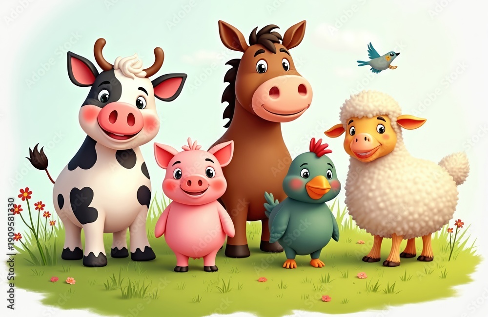 Naklejka premium Cute cartoon farm animals stand together on a green grassy field. A cow, pig, horse, chick, and sheep are smiling, creating a friendly scene for kids education or farm themes.