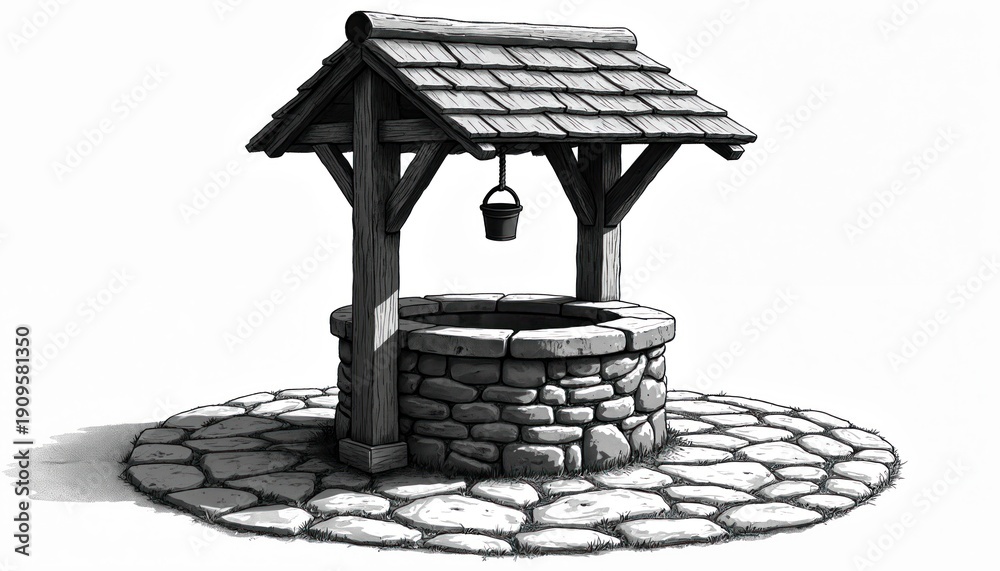 Obraz premium Old stone well with bucket and wooden roof. Rustic structure with tiled roof and stone walls. Outdoor scene on stone paved ground with grass.