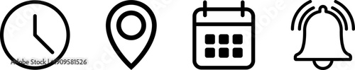 Location pin, date time, calendar clock and notification bell icons set. Flat simple illustrations for website, mobile app, UX UI design