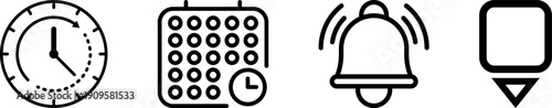 Location pin, date time, calendar clock and notification bell icons set. Flat simple illustrations for website, mobile app, UX UI design