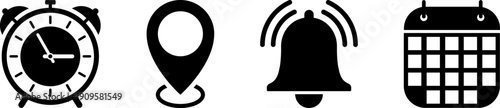 Location pin, date time, calendar clock and notification bell icons set. Flat simple illustrations for website, mobile app, UX UI design