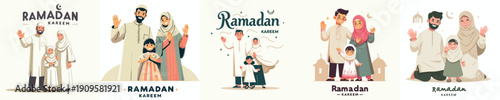 vector of muslim family saying Ramadan Kareem