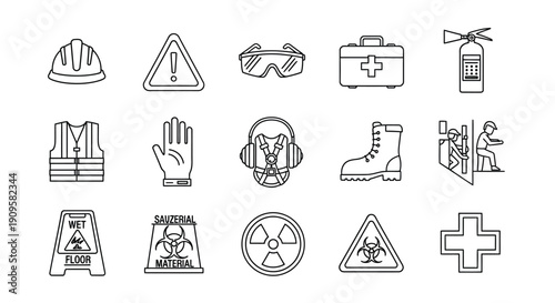Collection of safety equipment icons in a linear style silhouette