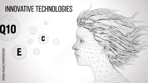 A digital illustration of a side profile of a person with flowing hair rendered in a wireframe low-poly style against a white background (3)_traced
