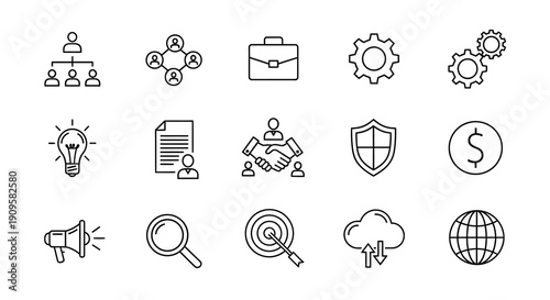 Business icons featuring people gears and concepts a clean silhouette