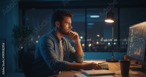 Man working at desk night interior digital screen
