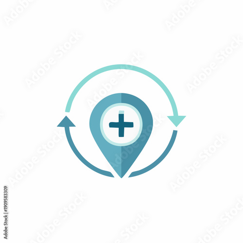 Medical location pinpoint symbol with rotating arrows, healthcare concept