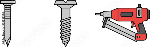 Nail, screw, and nail gun illustration showing fasteners and fastening tool