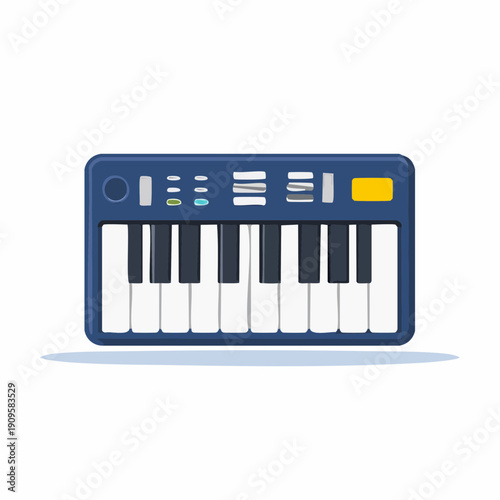 Cartoon-style electronic musical keyboard illustration with piano keys and blue buttons