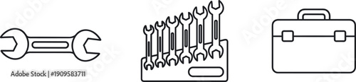 Collection of line art icons representing tools: wrenches and a toolbox