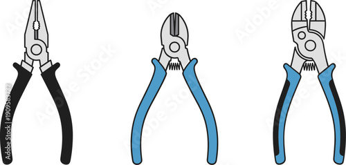 Three types of pliers and cutters displayed in a row on a white background