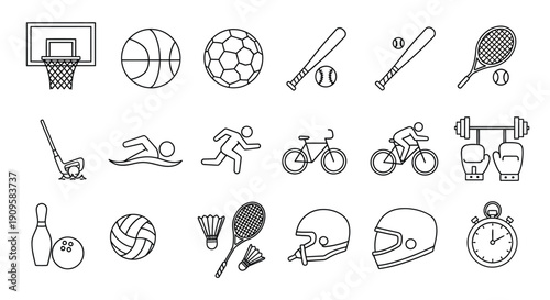 Various sports equipment and activities depicted in a linear silhouette