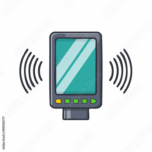 Cartoon illustration of a connected portable electronic device with communication waves, isolated