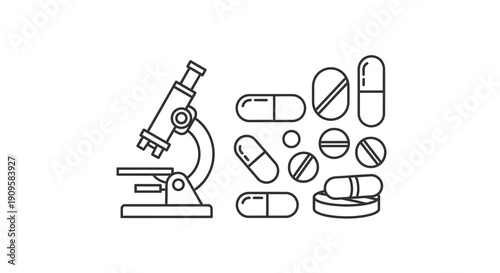 Medical research with microscope pills and capsules a linear silhouette