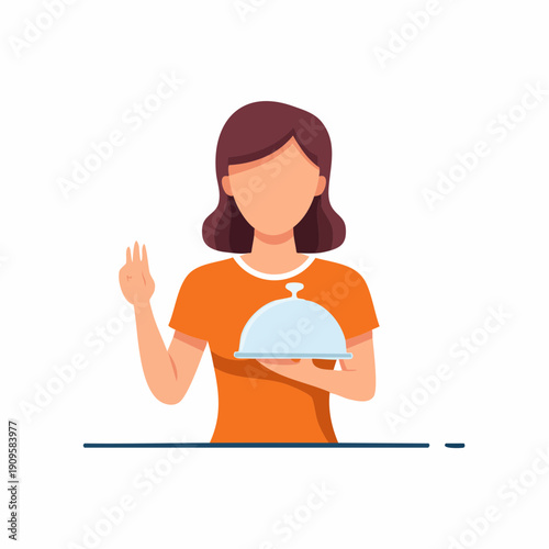 Cartoon woman presenting a covered platter and gesturing with fingers, flat design illustration.
