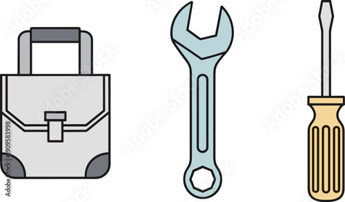 Simple flat icons of a toolbox, wrench, and screwdriver on a white background