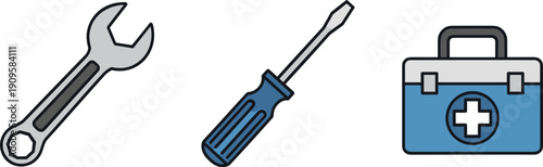 Set of tools including a wrench, screwdriver, and first aid kit in a simple illustration
