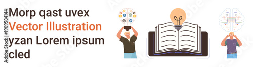 Innovation, knowledge sharing, education, brainstorming, creativity, learning. Open book with a glowing light bulb, two individuals with brain and idea visuals. Innovation and knowledge sharing