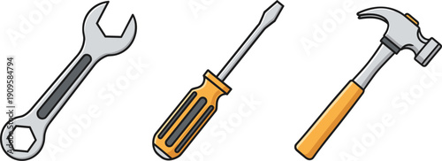 Set of three common hand tools: wrench, screwdriver, and hammer, isolated on white