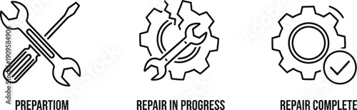 Repair process icons: preparation, in progress, and completion with tools and gears