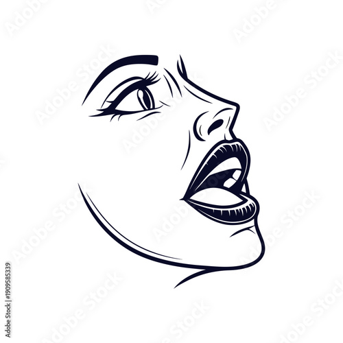 A stylized line drawing of a woman singing or speaking with an open mouth