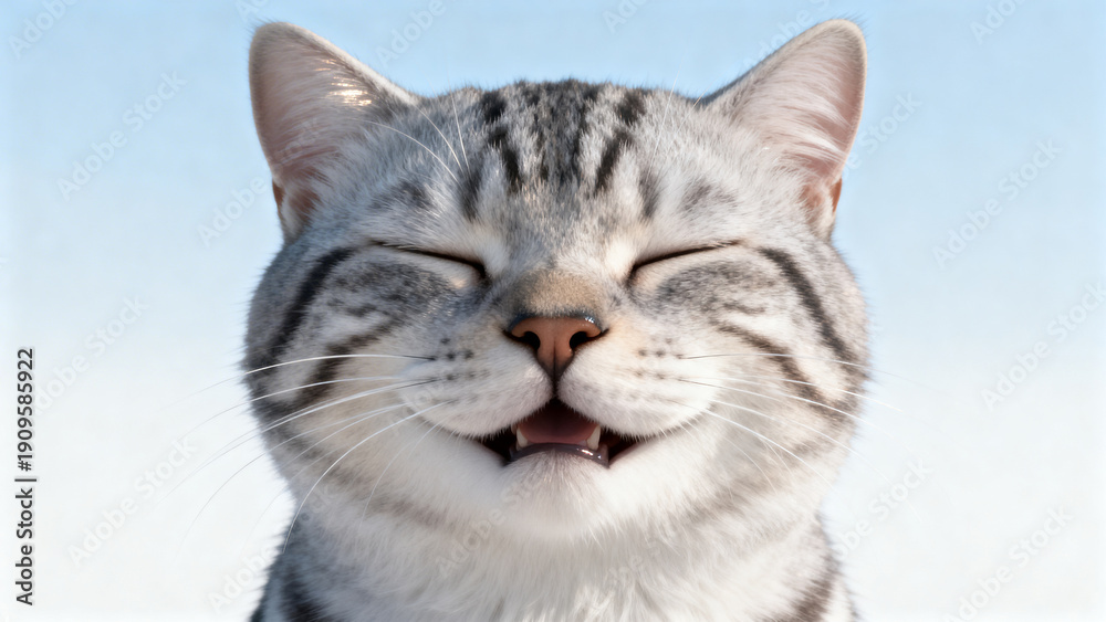 Obraz premium 青グラデ背景に浮かぶ笑顔の猫、安心感を象徴するミニマル写真