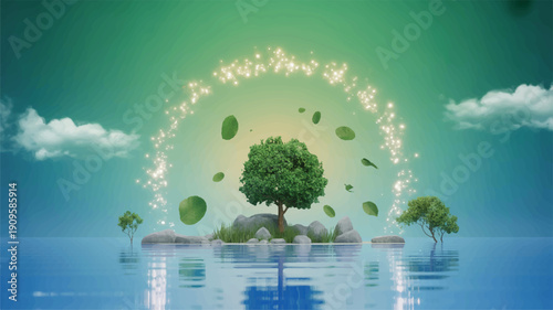 A digital illustration of an ethereal nature scene with a glowing green tree centered on a reflective blue surface (1)_traced