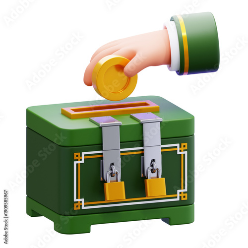 Dynamic 3D illustration of a hand depositing a golden coin into an ornate green chest, symbolizing financial contributions, secure savings, and charitable giving for prosperity and community