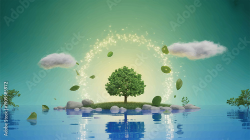 A digital illustration of an ethereal nature scene with a glowing green tree centered on a reflective blue surface (2)_traced
