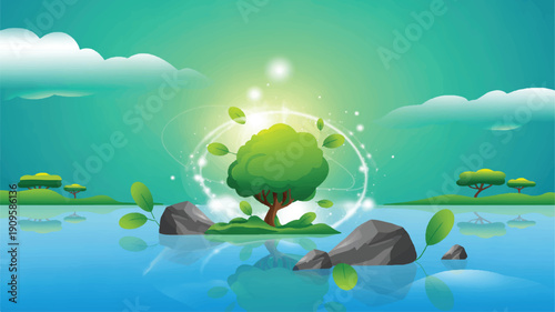 A digital illustration of an ethereal nature scene with a glowing green tree centered on a reflective blue surface (3)_traced