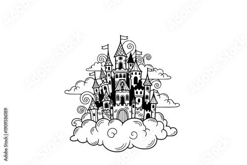 Pink castle in clouds. Cartoon magic flying fairy palace for princess. Kingdom home tower in clouds on land in sky. Fabulous magic building landscape. Vector background