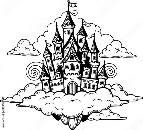 Pink castle in clouds. Cartoon magic flying fairy palace for princess. Kingdom home tower in clouds on land in sky. Fabulous magic building landscape. Vector background