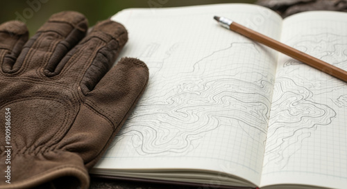 Outdoor adventure planning with a glove and topographic map in a notebook