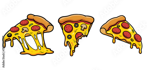 Appetizing cartoon food illustration of pizza slice with dripping, melting cheese and pepperoni. fun vector graphic showing cheesy meal or fast food snack set