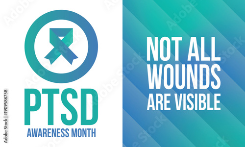 PTSD Awareness Month in June. Post Traumatic Stress Disorder. Celebrated annual in United States. Medical health care and awareness design. Poster, card, banner and background. Vector illustration