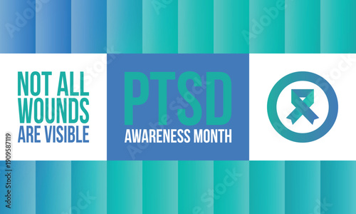 PTSD Awareness Month in June. Post Traumatic Stress Disorder. Celebrated annual in United States. Medical health care and awareness design. Poster, card, banner and background. Vector illustration