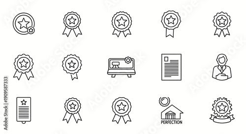 A collection of black line icons depicting awards, certificates, and perfection symbols.