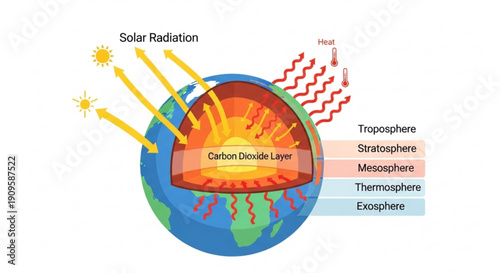 Earth's atmospheric layers with solar radiation and heat illustration