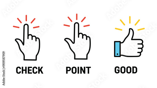 Series of hand gesture icons indicating checking pointing and giving a thumbs up with colorful light rays and descriptive text labels.