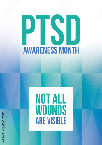PTSD Awareness Month in June. Post Traumatic Stress Disorder. Celebrated annual in United States. Medical health care and awareness design. Poster, card, banner and background. Vector illustration